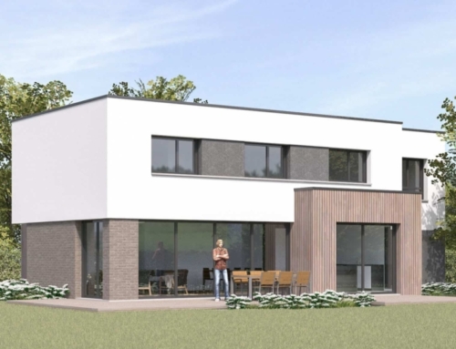 Maison cubique avec enduit, briques et bois à Villeneuve d’Ascq