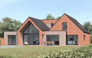 Montre une image de la façade jardin d'une maison contemporaine en briques