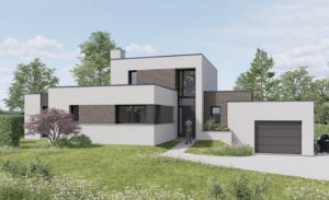 Architecture contemporaine cubique. Façade avant avec garage légèrement plus bas.