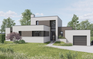 Architecture contemporaine cubique. Façade avant avec garage légèrement plus bas.