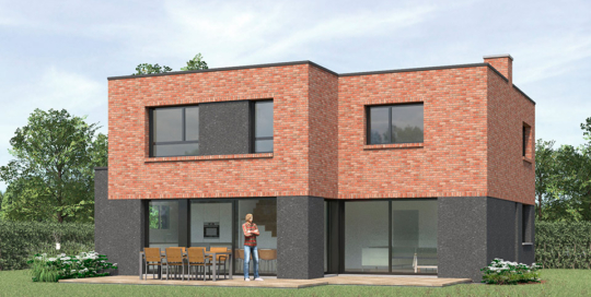 Maison moderne et de forme cubique. Etage en briques et Rez de Chaussée en enduit gris anthracite