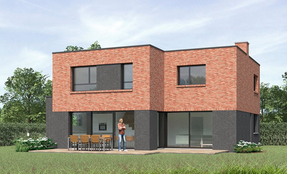 Maison moderne et de forme cubique. Etage en briques et Rez de Chaussée en enduit gris anthracite