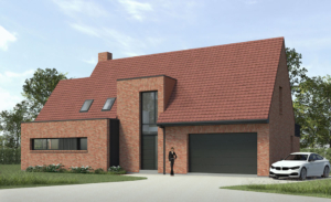 Construction contemporaine en briques. Façade entrée