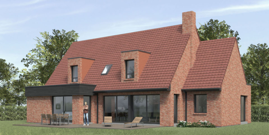 Construction contemporaine en briques rouges du Nord. Façade jardin