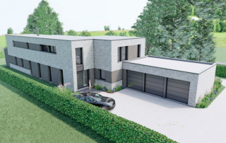 Vue plongeante sur une maison cubique en briques grises