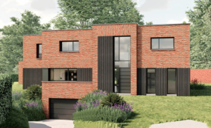 Façade avant d'une maison contemporaine cubique en briques actuellement en construction dans le Nord