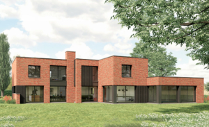 Façade jardin d'une maison contemporaine cubique en briques en construction dans le Nord de la France