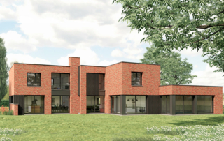 Façade jardin d'une maison contemporaine cubique en briques en construction dans le Nord de la France