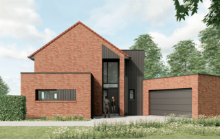 Maison moderne dans le Nord. Toiture 2 pans et volumes secondaires à toit plat