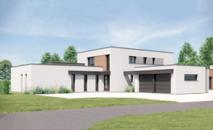 Façade avant d'une maison cubique en enduit blanc majoritairement