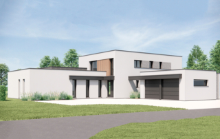 Façade avant d'une maison cubique en enduit blanc majoritairement