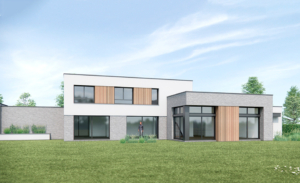 Façade jardin d'une maison cubique essentiellement en enduit blanc. Quelques parties en briques grises.